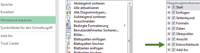 In den Excel-Optionen kann die Registerkarte Entwicklertools aktiviert werden. Nach der Aktivierung steht die Registerkarte Entwicklertools dauerhaft in Excel zur Verfügung. Beim Einsatz von Makros und VBA sind die Entwicklertools hilfreich.