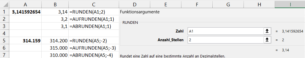 Beispiele für die  Excel-Funktionen RUNDEN(), AUFRUNDEN() und ABRUNDEN().